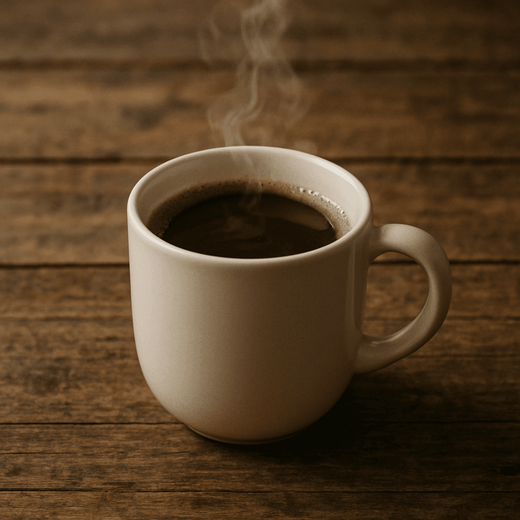 A steaming cup of coffee on a rustic wooden table