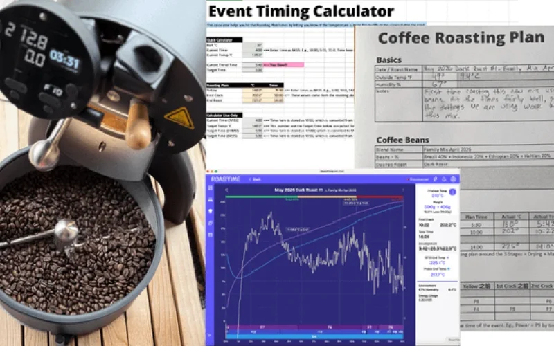 Coffee roaster machine showing temperature display with dark roasted beans and steam rising