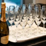 A golden chardonnay wine bottle displayed on a white table with glassware and tasting notes under soft lighting.