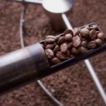 Dark coffee beans spilling from roaster drum with steam and golden light casting shadows on wooden floor.
