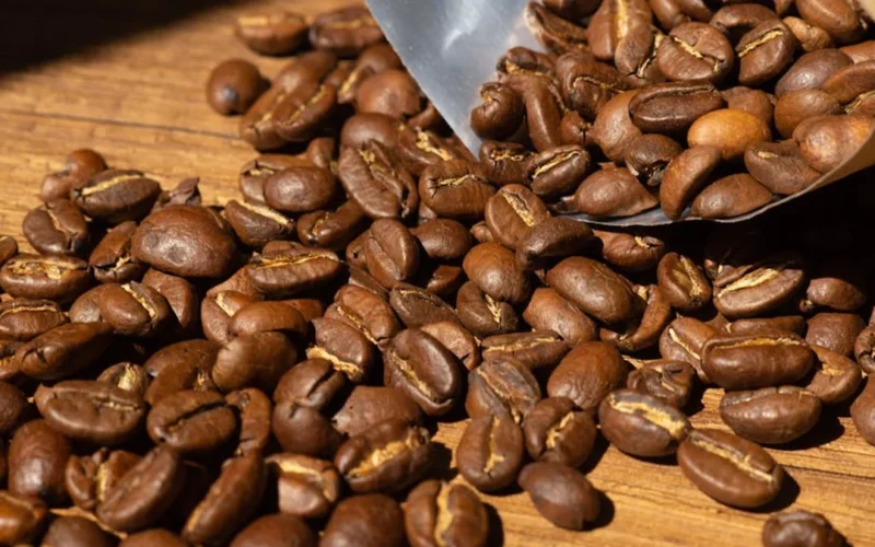 Charcoal kamado roasting coffee beans with steam rising in warm golden light.