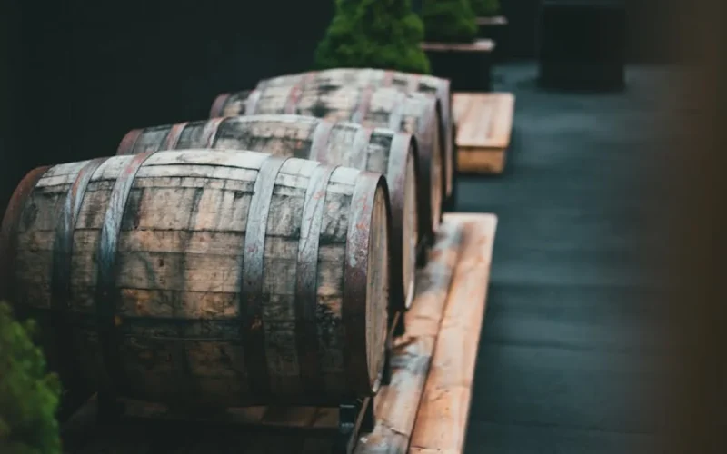 A rustic cellar with aged wine barrels and bottles under a golden sunset light.