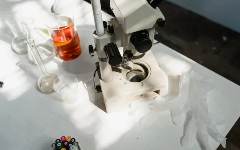 Scientific lab setup showing coffee between electrodes with LED lighting and steam rising.