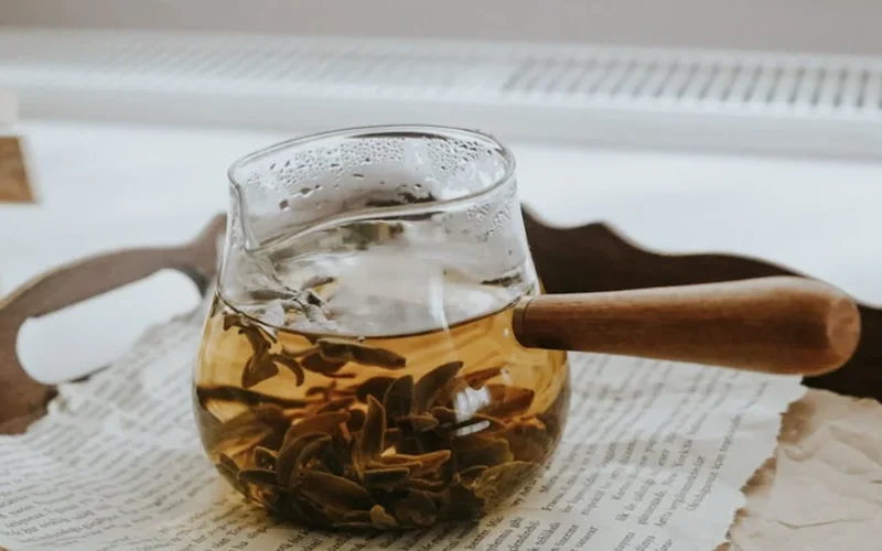 A steaming clay gaiwan with tea leaves and handwritten notes under warm lighting.