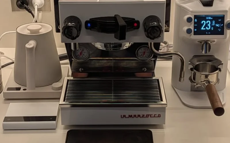 High-end coffee grinder in modern kitchen with light reflecting off its surface and coffee grounds in portafilter.