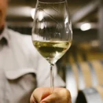 A glass of Chardonnay wine on a vineyard table under sunlight with misty hills in the background.