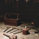 Vintage coffee mill grinding beans in a sunlit workshop with wooden shelves and warm lighting.