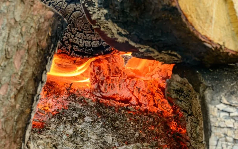 Golden tea leaves sizzling in clay pot over charcoal fire with soft evening light through bamboo.