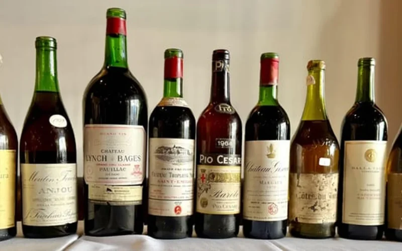 Aged wine bottle displayed in a vintage setting with soft lighting and aged parchment.