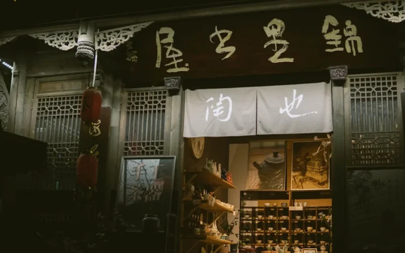 A steaming clay gaiwan of dark puerh tea in a traditional tea room with bamboo and calligraphy scrolls.