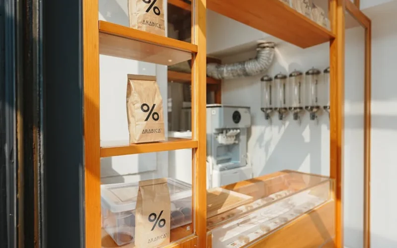 Artistic display of Thai coffee packaging with bold design elements under soft lighting.