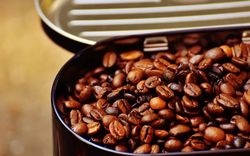 Clear glass carafe filled with dark cold brew coffee surrounded by roasted coffee beans.