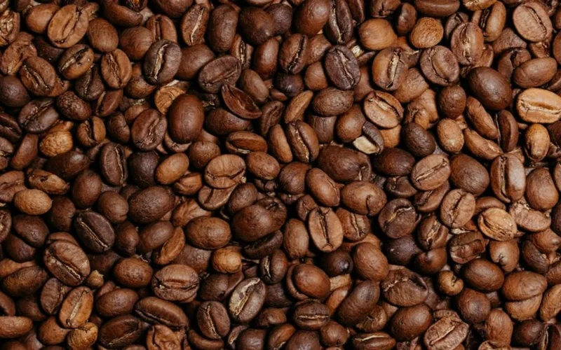Roasted coffee beans scattered over official regulatory documents and a pen on a wooden desk.