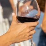 A glass of red wine reflecting a mountain landscape with soft golden light filtering through a window.