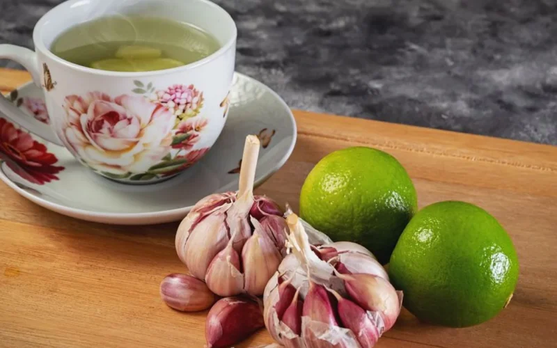 A steaming cup of green tea with loose leaves on a wooden surface.
