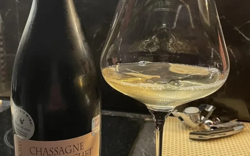 Close-up of a chilled white wine glass on a dark textured background.