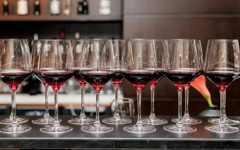 Elegant red wine in a glass next to a bottle on dark stone.