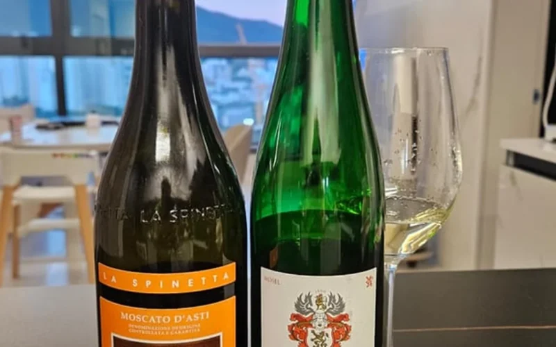 Close-up of two different white wine glasses on a dark textured background.