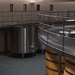 Vintage wine cellar with wooden shelves, barrels, and a glass of wine on a table.