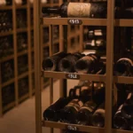 Sommelier holding a glowing wine bottle in a dimly lit wine cellar with wooden barrels and stone walls.