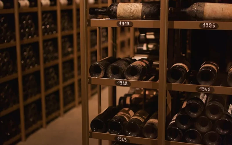 Sommelier holding a glowing wine bottle in a dimly lit wine cellar with wooden barrels and stone walls.