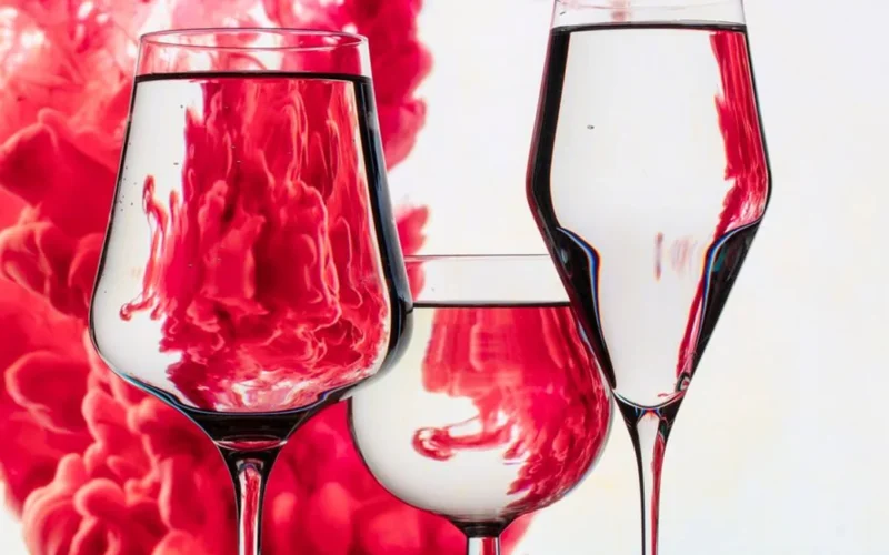 A chilled glass of red wine with condensation droplets on dark marble.