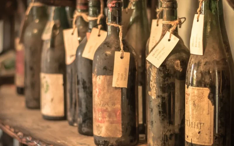 Dusty wine bottles stored on wooden shelves inside a historic stone cellar vault.