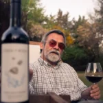 A bottle of organic red wine and glass on a wooden table overlooking French vineyards.