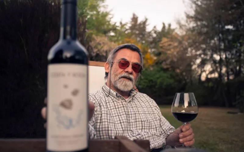 A bottle of organic red wine and glass on a wooden table overlooking French vineyards.
