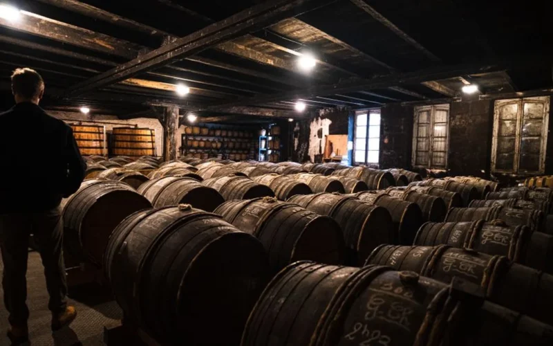 Amber wine fermenting in a glass vessel inside a small rustic workspace.