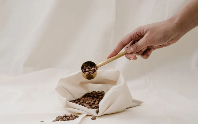 Person holding both raw green and roasted brown coffee beans in their palms.