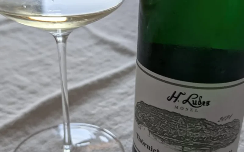 A bottle of German Riesling and a glass on a stone ledge overlooking steep Mosel vineyards.