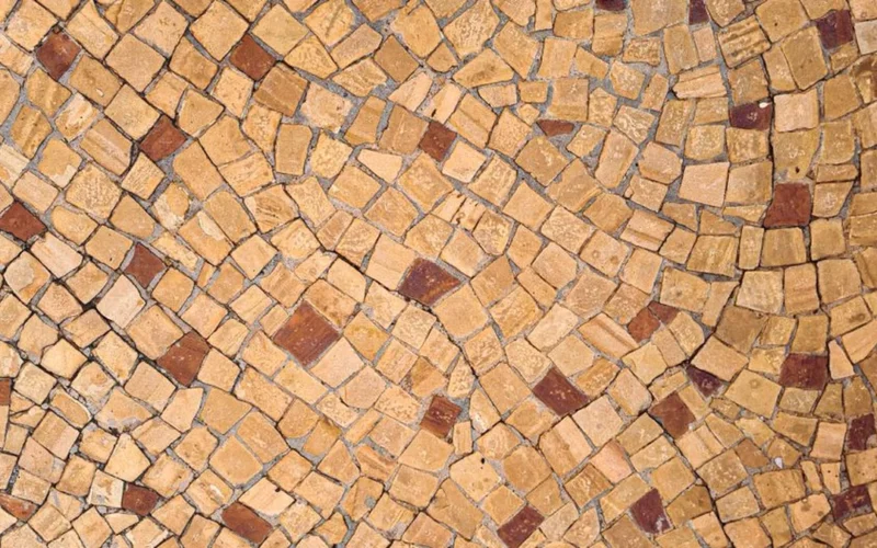 Close-up of shimmering multicolored Sicis mosaic tiles on an architectural wall in Napa Valley.