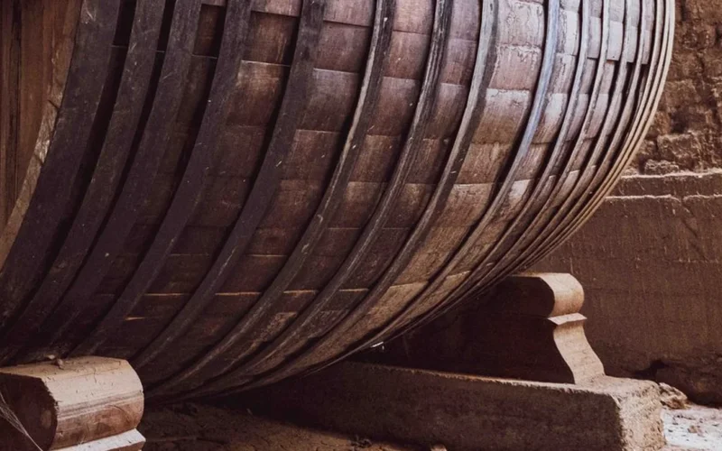 Pale gold white wine in a glass resting on an oak barrel in a cellar.