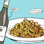 A bowl of savory tomato pasta paired with a glass of red wine on a wooden table.