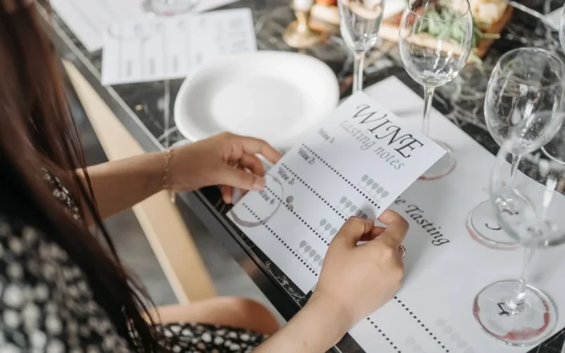 Handwritten notes in a journal next to a glass of red wine on wood.