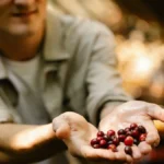 Close up of person holding high quality specialty coffee beans in Uganda