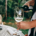 A young female collector pouring fine red wine into a glass during a tasting event.