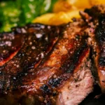 Sliced juicy ribeye steak served with a glass of red wine on a dark table.