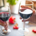 Three glasses containing different varieties of light-bodied red wine on a wooden surface.