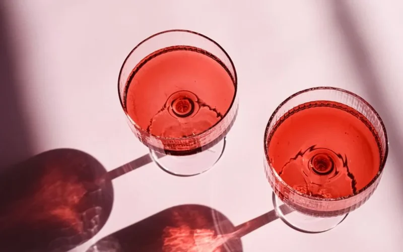 A glass of amber bourbon next to a glass of dark red Malbec wine.