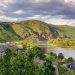 A glass of white wine overlooking high altitude vineyards in the Rhône Valley.