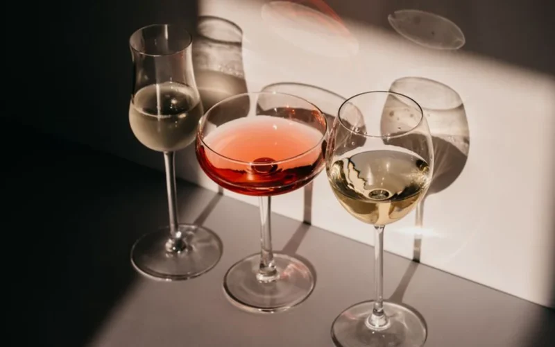 Two glasses of golden Chardonnay wine on a dark table with fresh peach slices.
