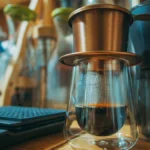 Close up of coffee beans, a burr grinder, and a glass carafe on a kitchen counter.