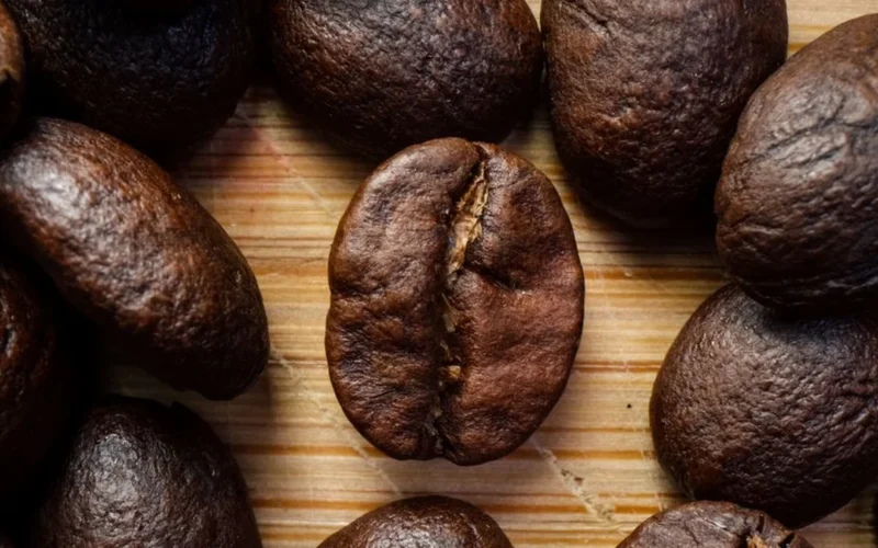 Dark roasted coffee beans paired with a digital representation of a biological protein molecule.