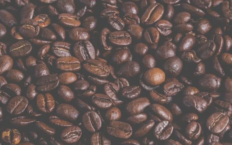 Green coffee beans next to a gold award trophy representing supply chain and quality.