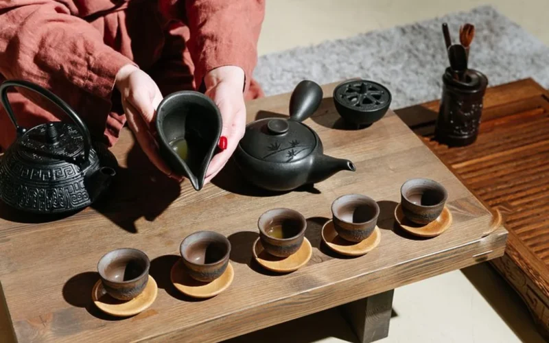 Ceramic gaiwan and tea cup with loose leaf oolong tea on wooden surface.