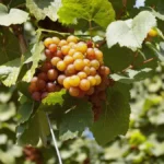 Close-up of golden Chardonnay grapes and dark red Pinot Noir grapes on wood.