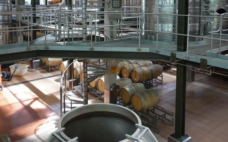 A glass of dark red Syrah standing beside a grey concrete fermentation vessel.