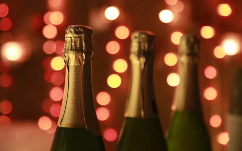A bottle of English sparkling wine and a glass on a stone surface with chalk pebbles.